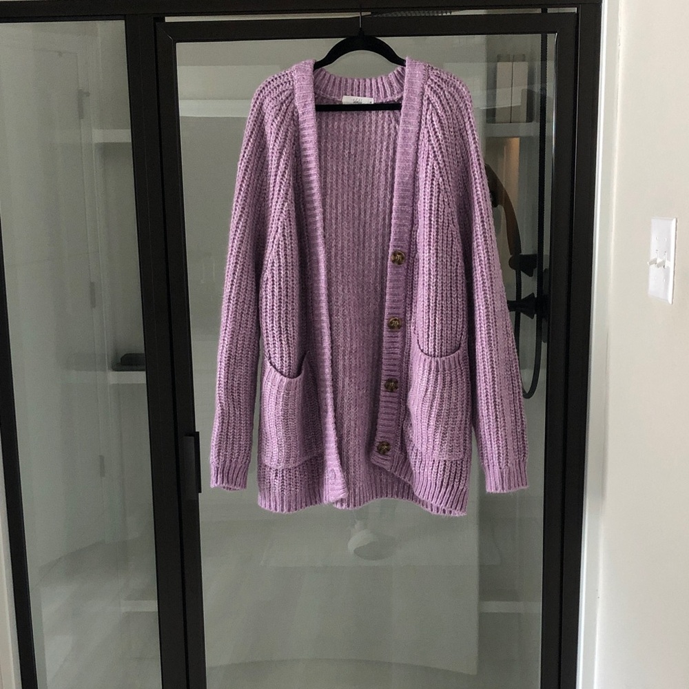Anthropologie Tallulah Lavender Knit Cardigan Sweater M patch pockets